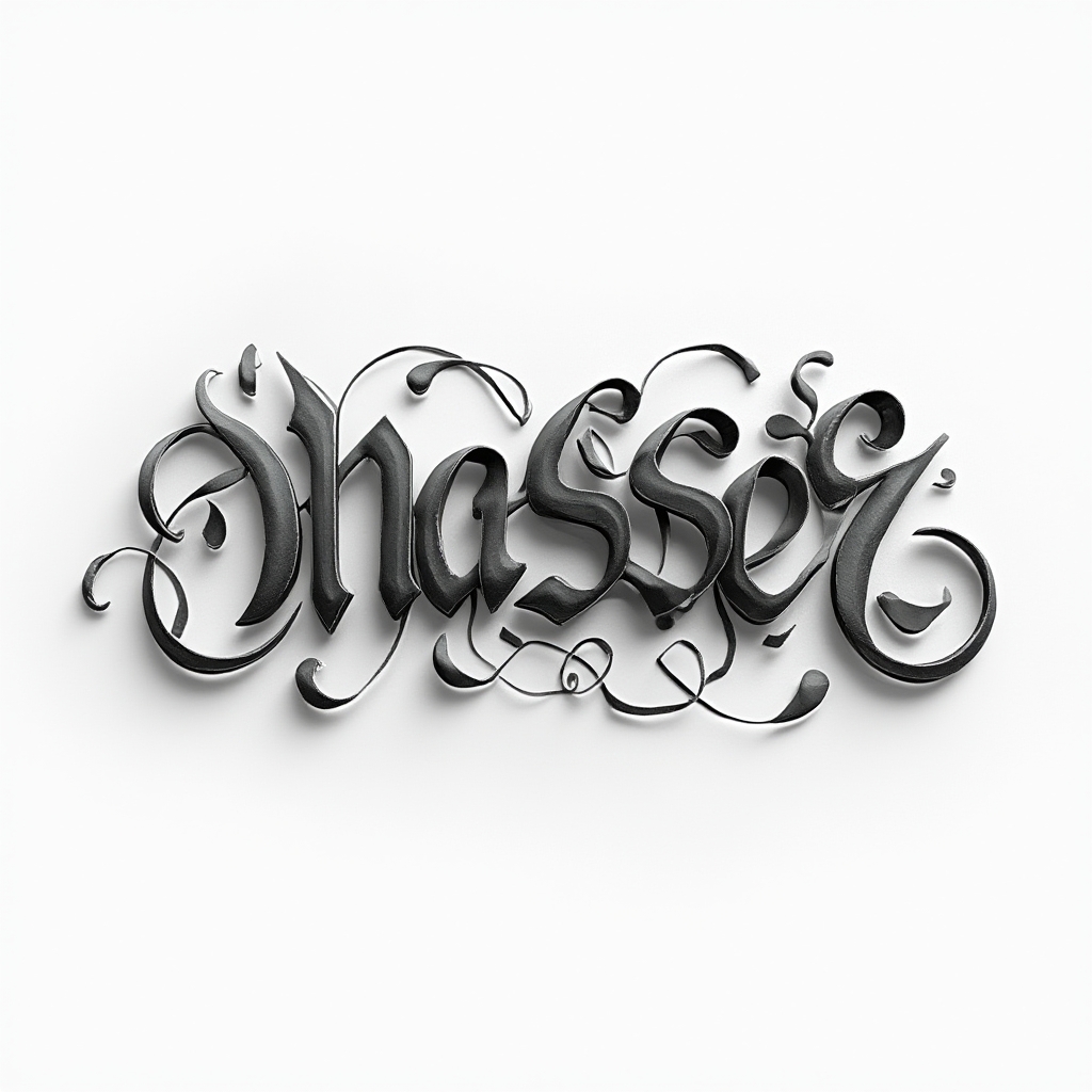 Dimensional flowing ribbon-style tattoo concept with the name nasser in black and gray on a white background.