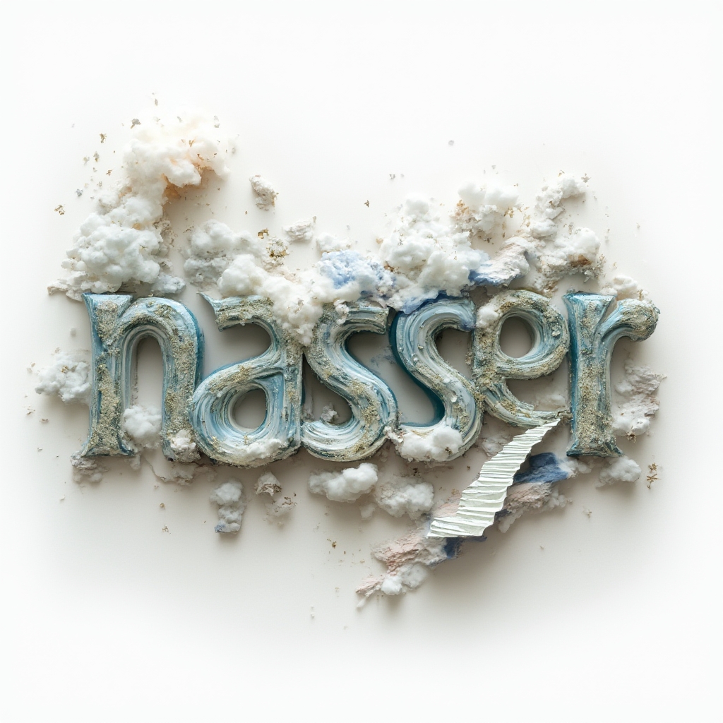 Surreal tattoo concept where the name nasser is transformed into a dreamlike 3D structure with clouds, stairs, and stars on white background.