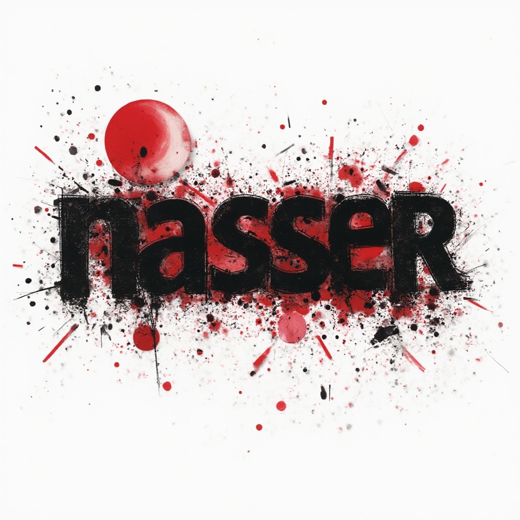Trash Polka-inspired tattoo concept with the name nasser in bold distressed lettering, black and red splashes on white background.