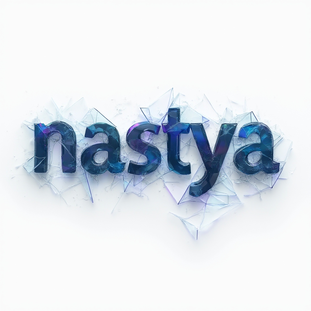 Futuristic crystalline tattoo concept where the name nastya is formed from glowing chromatic shards on a white background.