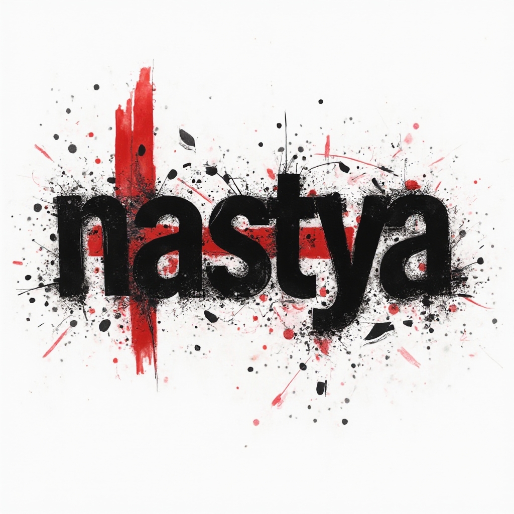 Trash Polka tattoo concept where the name nastya is formed from bold black strokes and red geometric splashes on a white background.