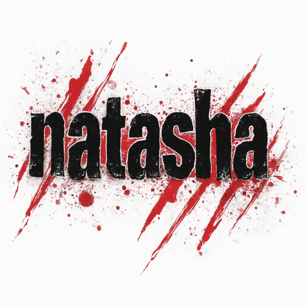 trash polka tattoo design of the name natasha with distressed black lettering and red splashes on white background