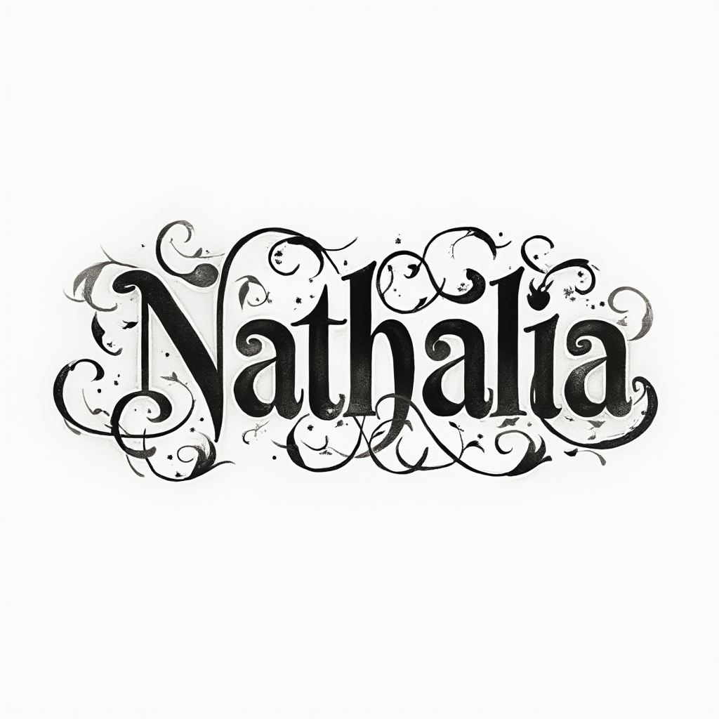 Elegant sculpted black ink tattoo concept of the name nathalia with ornamental flourishes on a white background.