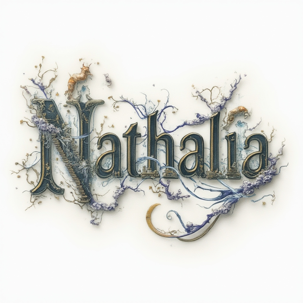 Surreal tattoo concept turning the name nathalia into dreamlike architectural lettering on a white background.