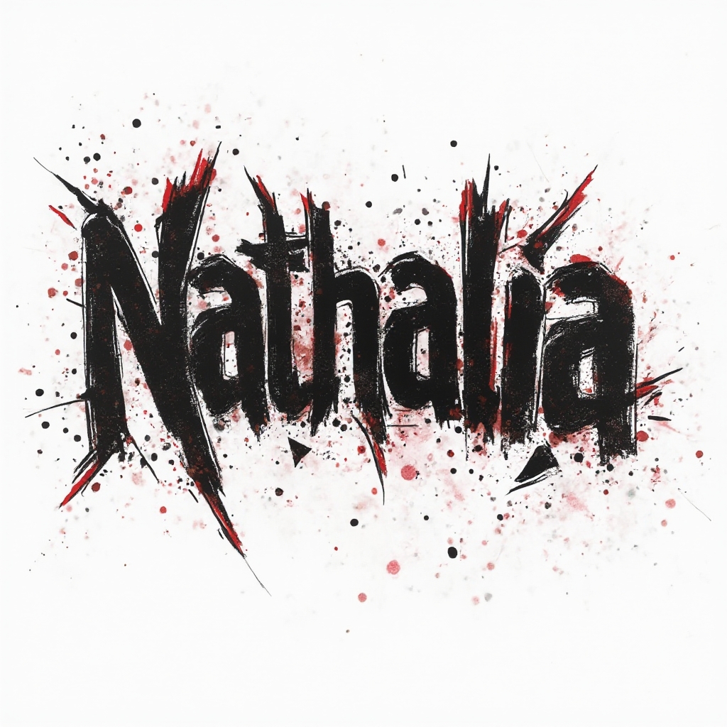 Trash Polka tattoo concept of the name nathalia in distressed black and red graphic lettering on a white background.