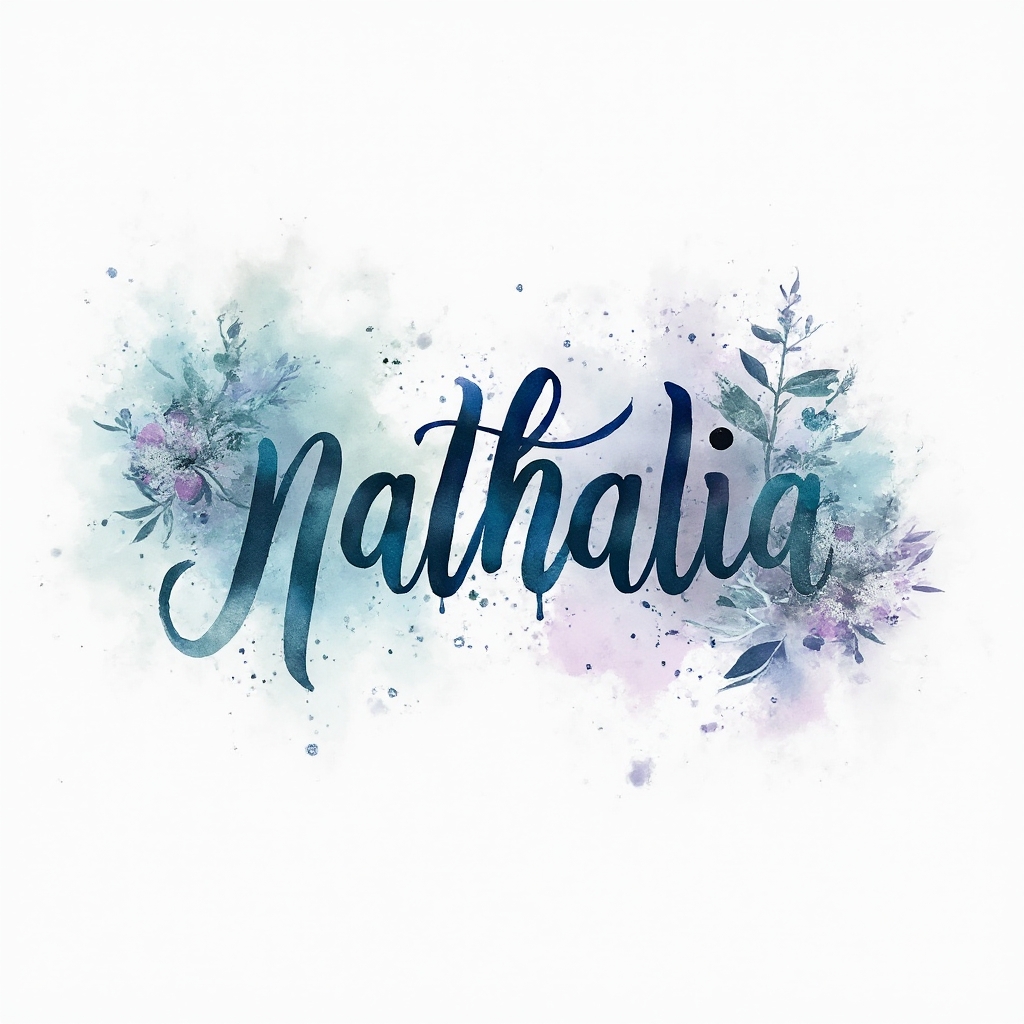 Watercolor tattoo concept of the name nathalia in flowing colorful brush-style lettering on a white background.