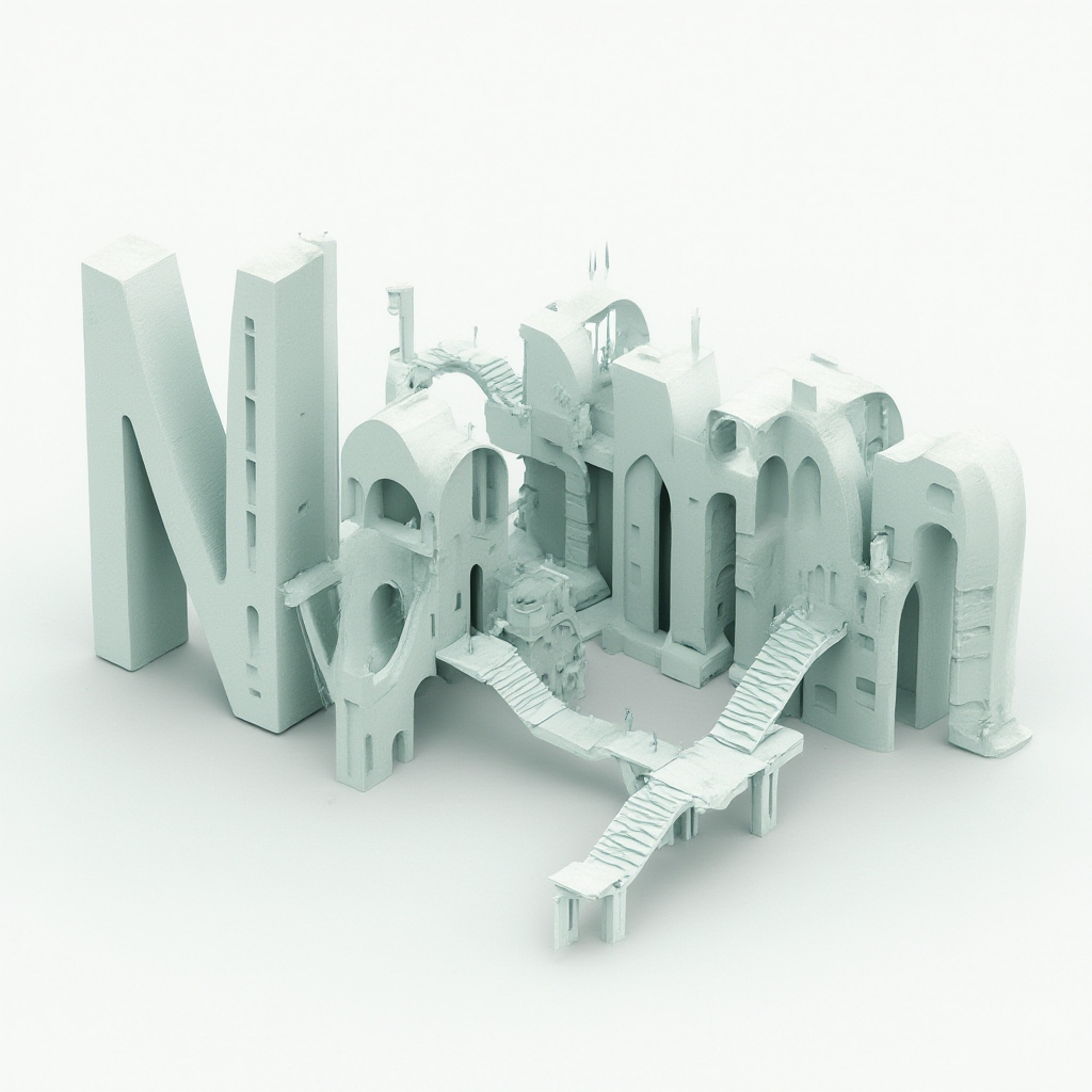 The name nathan shaped as surreal architectural forms on a white background.