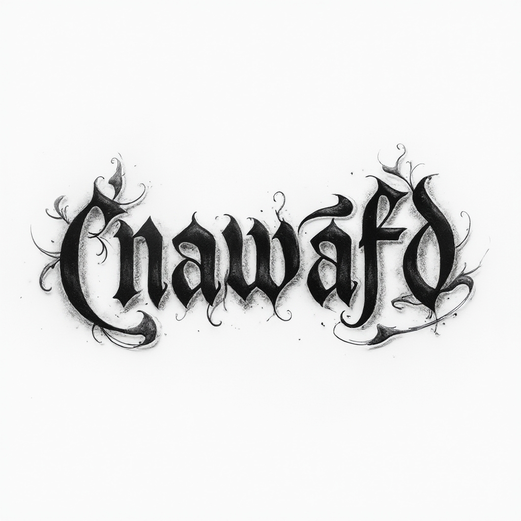 Monochrome textured tattoo concept of the name nawaf in elegant stylized lettering on a white background.