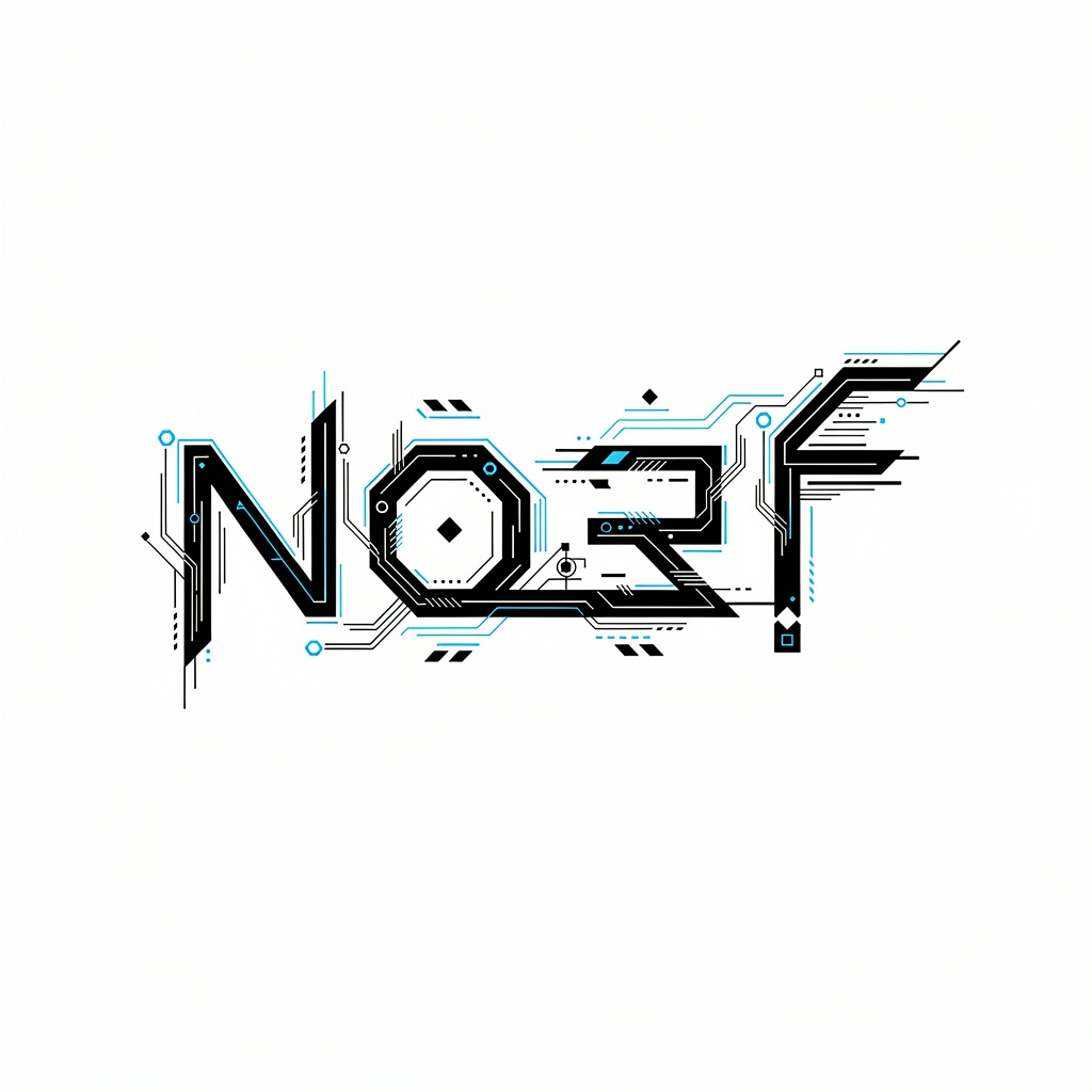 وشم اسم نواف بأسلوب هندسي مستقبلي على خلفية بيضاء