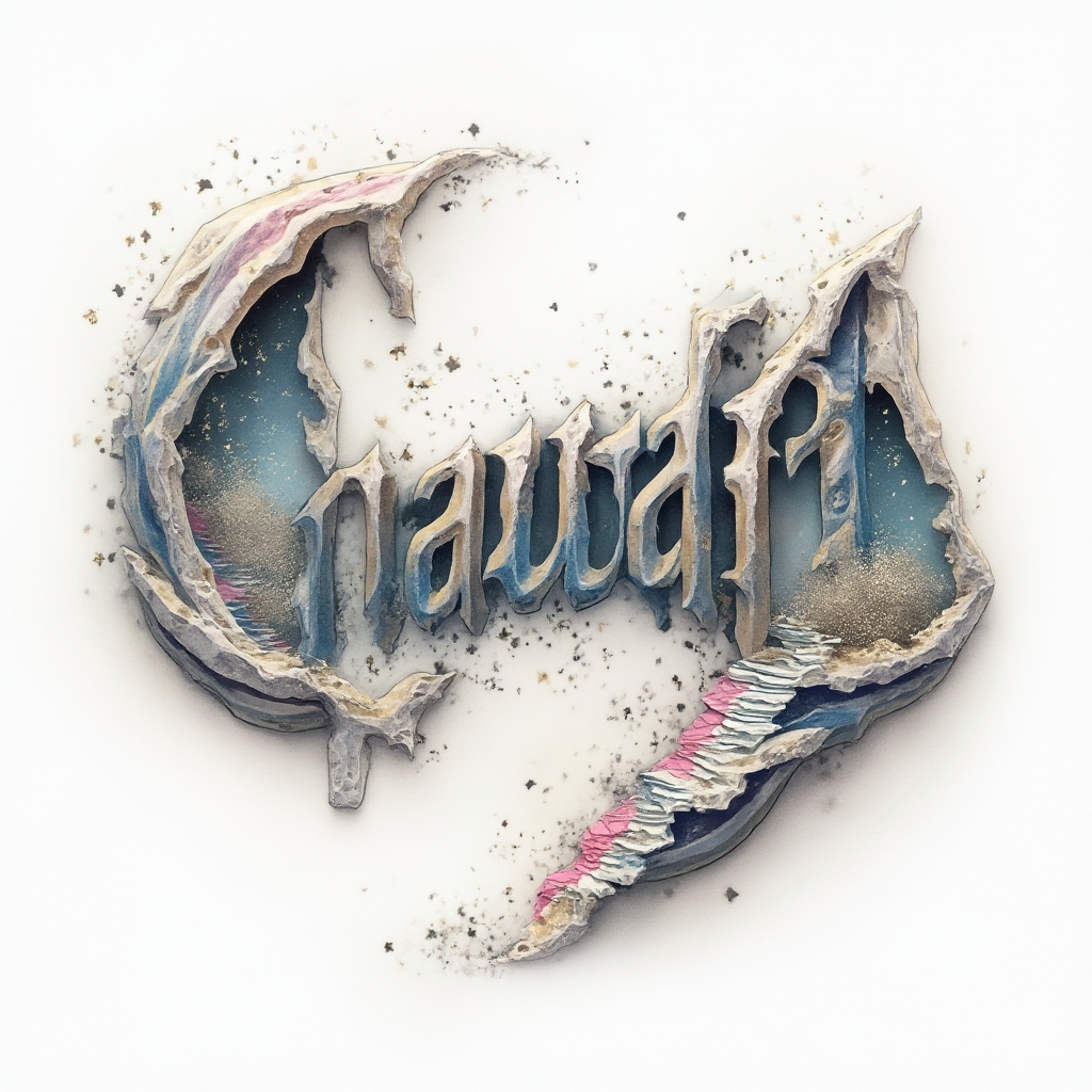Surrealist tattoo concept of the name nawaf shaped from dreamlike floating structures on a white background.