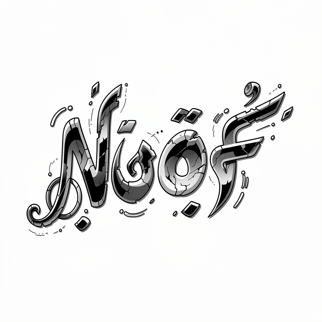 تصميم وشم سريالي لاسم نواف بخط مشوّه وتجريدي على خلفية بيضاء