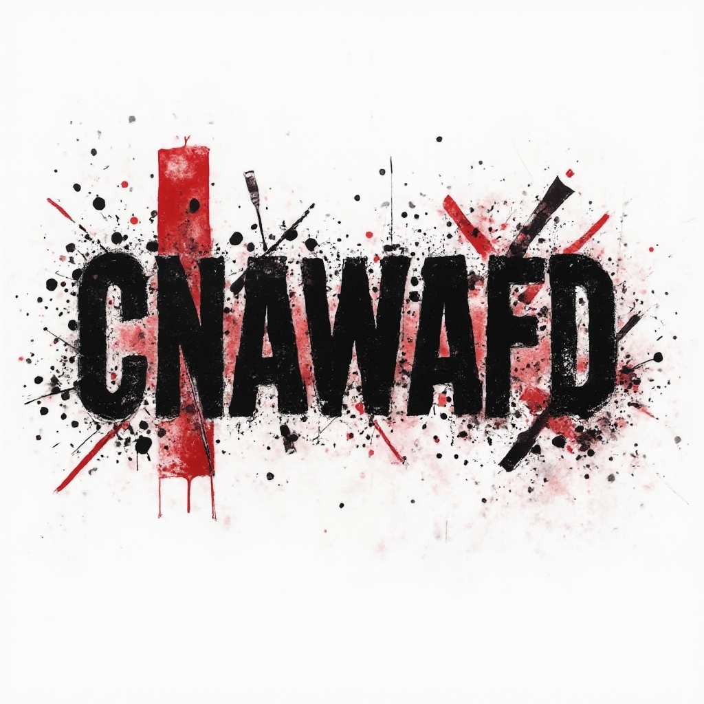 Trash Polka tattoo concept of the name nawaf in bold black and red deconstructed lettering on a white background.