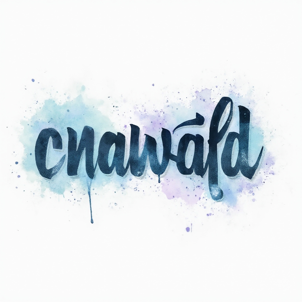 Watercolor-style artistic tattoo concept of the name nawaf in fluid colorful brush lettering on a white background.