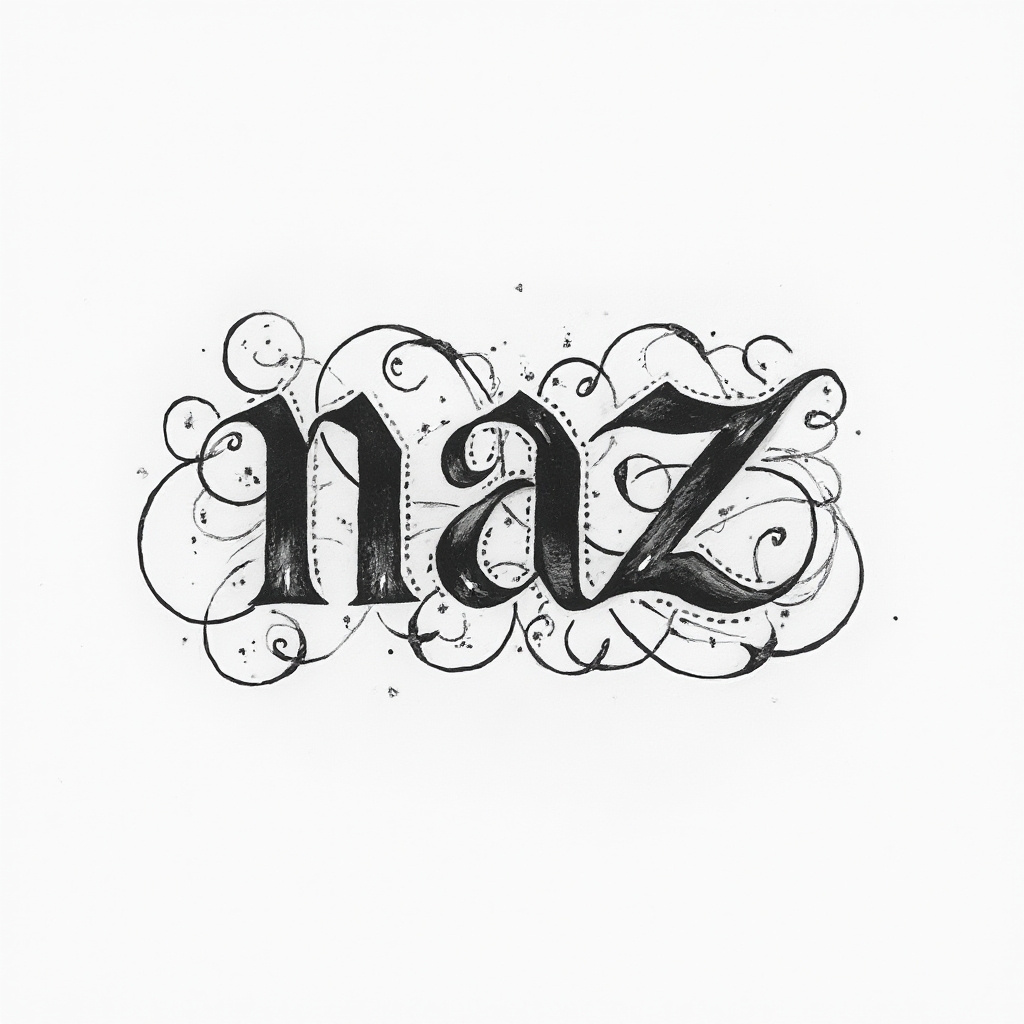 Monochrome flowing line tattoo design where ornamental curves and dots subtly form the name naz on a white background.