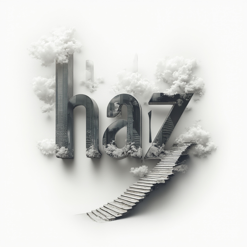 Surreal dreamscape tattoo design where the name naz is implied by abstract, impossible structures on a white background.