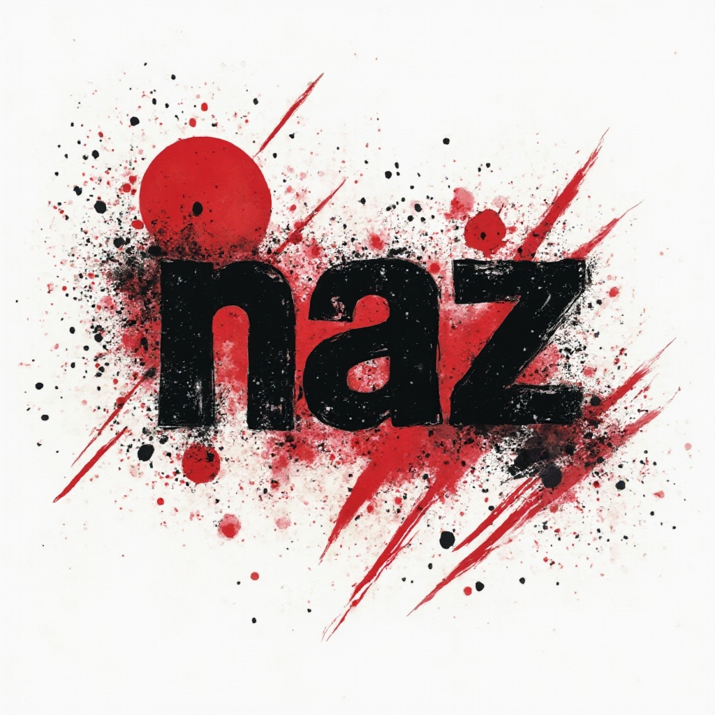 High-contrast black and red Trash Polka style tattoo concept where abstract shapes imply the name naz on a white background.