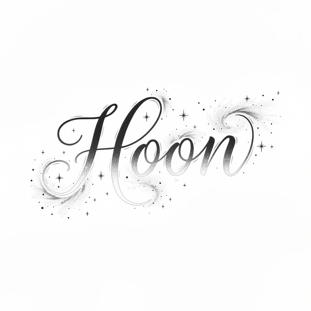 AI-original NebulaScript tattoo style turning the name Hoon into cosmic calligraphy on white.