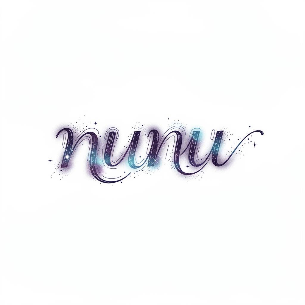 Cosmic fine-line tattoo-style lettering of the name Nunu in a nebula-inspired script on white background.