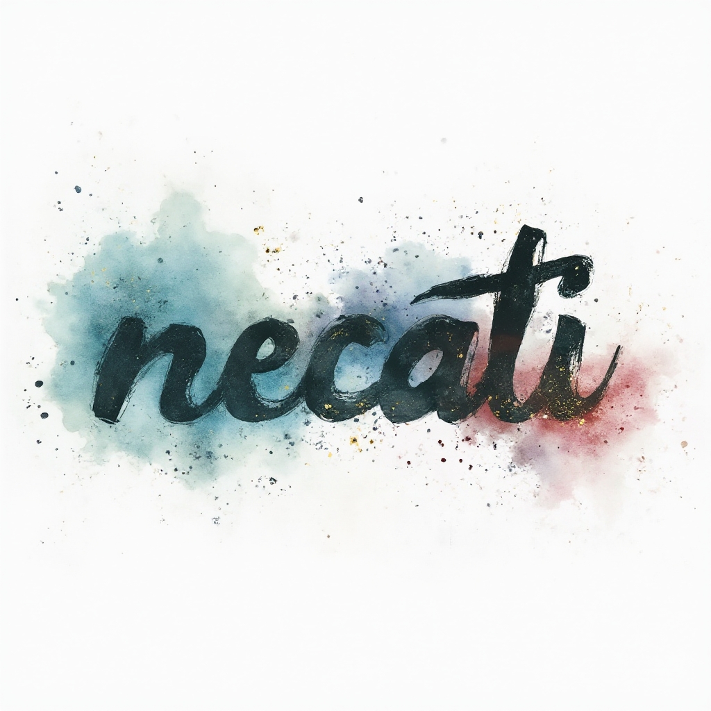 Watercolor tattoo concept of the name necati in flowing brushstroke lettering with colorful splashes on white background.
