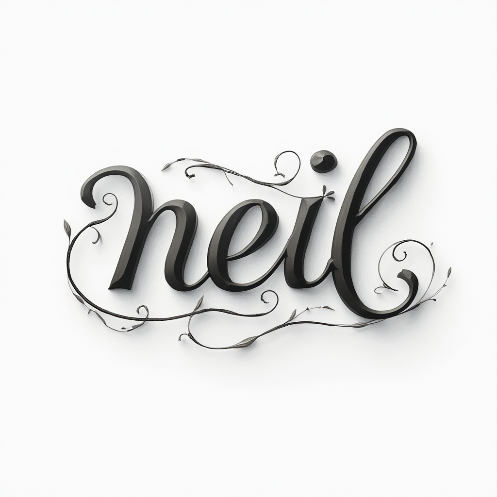 Dimensional script tattoo design where the name neil is written in flowing, shaded lettering on a white background