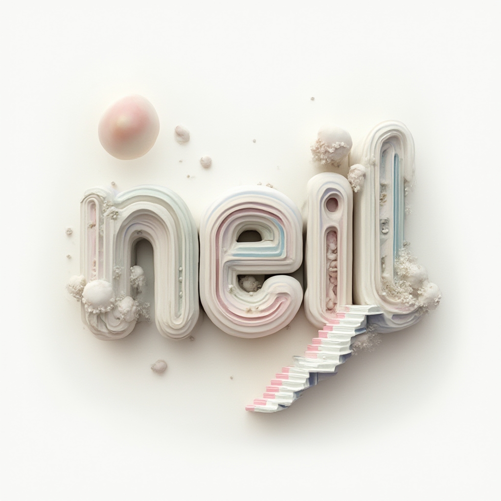 Surrealist tattoo concept where the name neil becomes floating, melting architectural letters on a white background