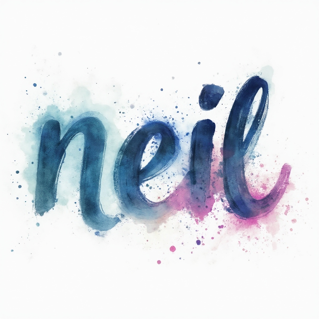 Watercolor splash tattoo concept with the name neil formed by flowing painted letters on a white background