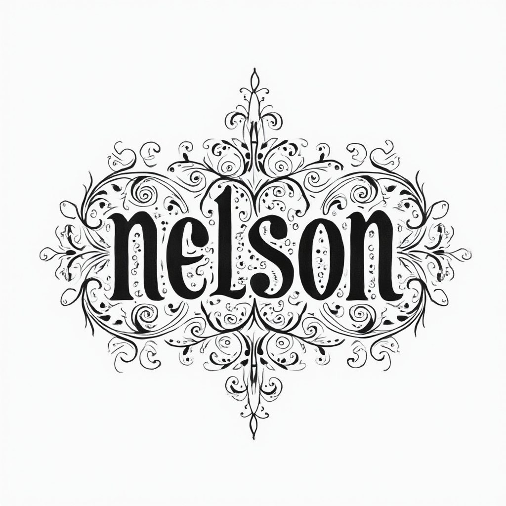 Ornamental monochrome tattoo concept of the name nelson formed by intricate flowing linework on white.