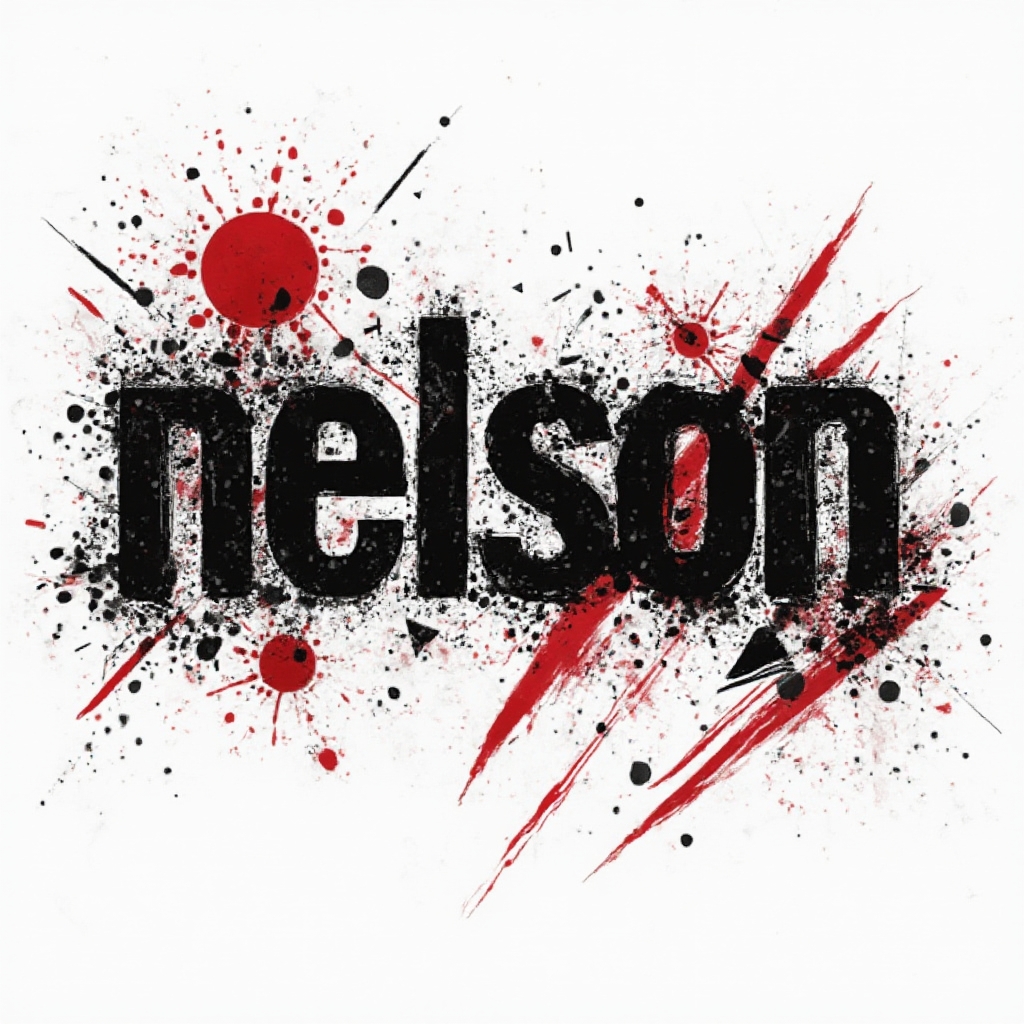 Trash Polka tattoo concept of the name nelson in bold distressed lettering with black and red elements on white.