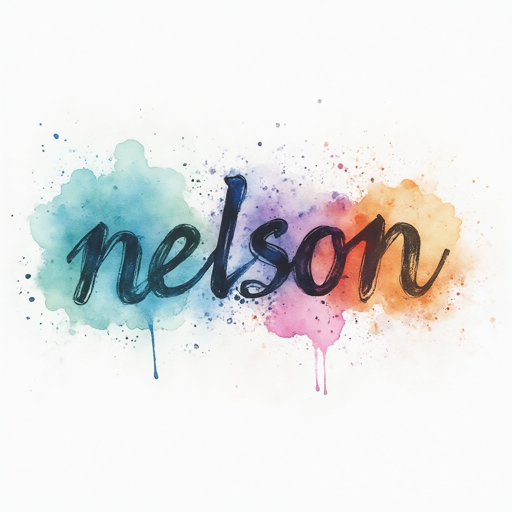 Watercolor-style tattoo concept of the name nelson with colorful splashes on a white background.