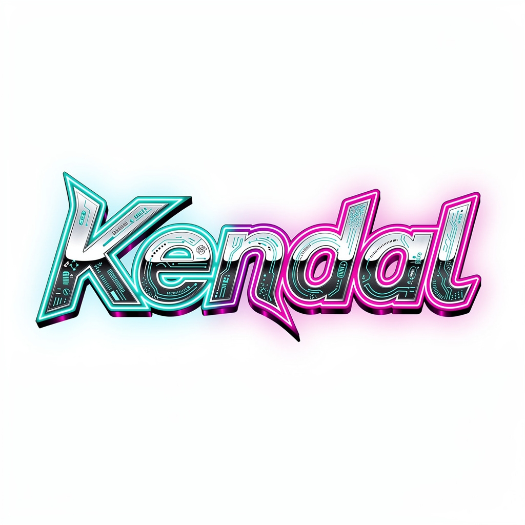 Futuristic neon-style tattoo design of the name Kendal on a white background.