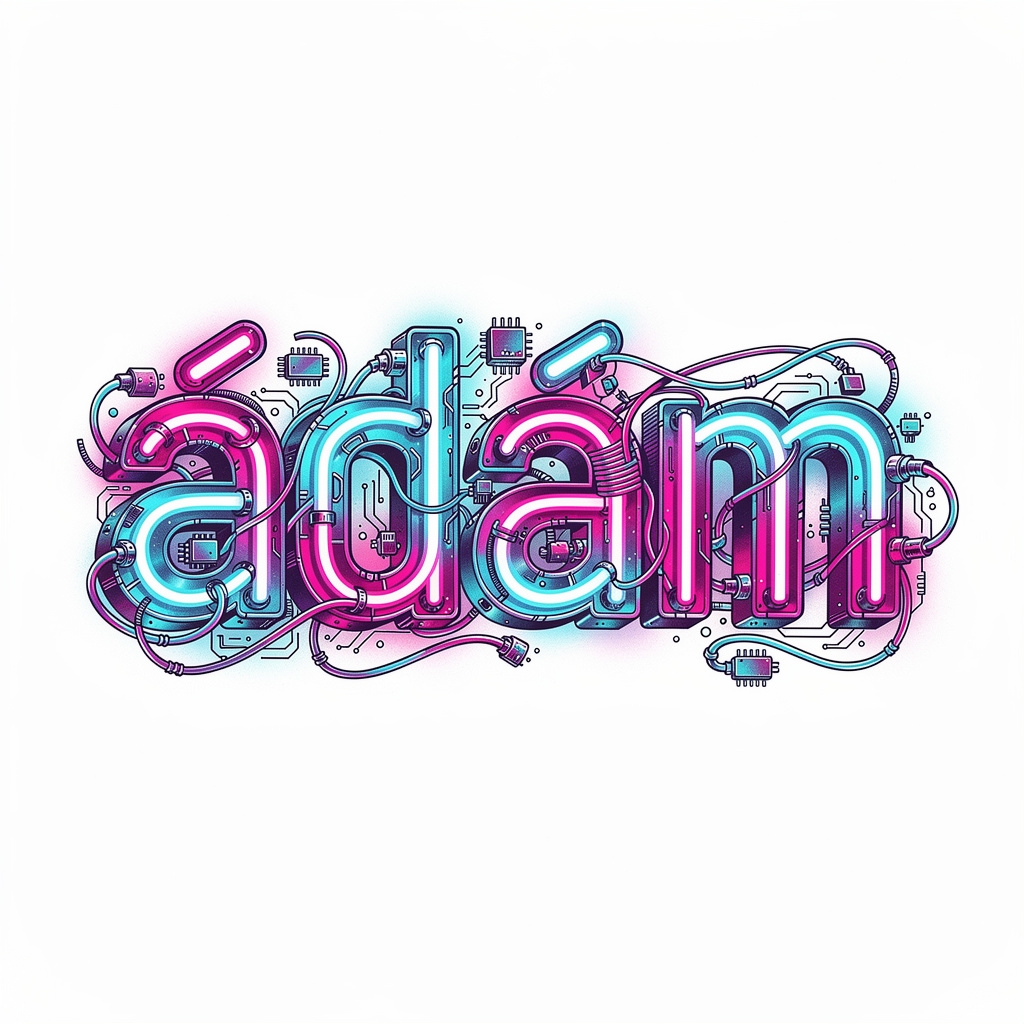 Futuristic neon-style tattoo design spelling Ádám in glowing tubular letters on white.