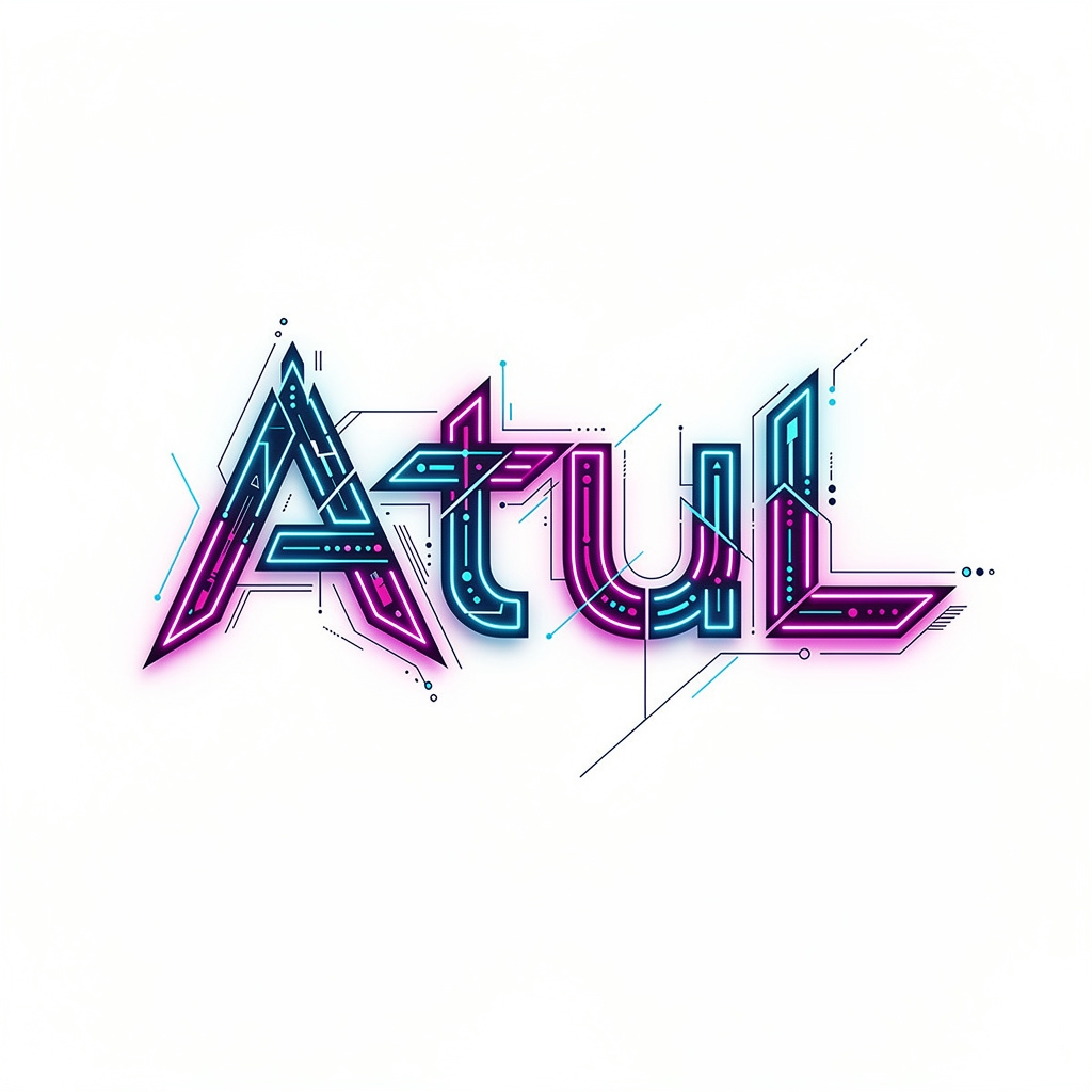 Futuristic neon-style tattoo design of the name Atul.