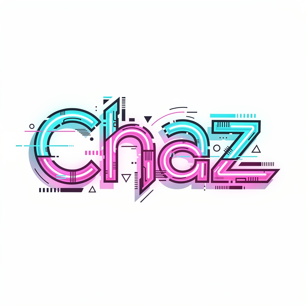 Futuristic neon-style tattoo design of the name Chaz on a white background.