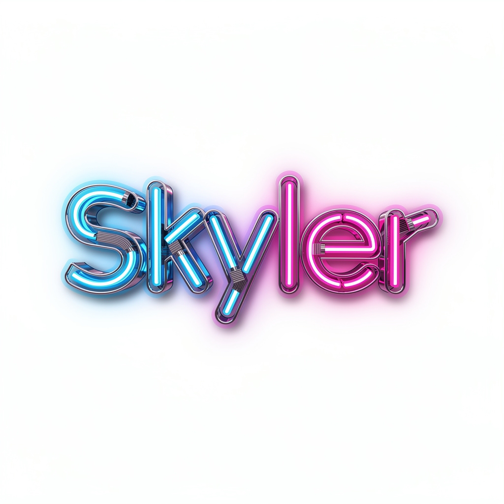 Futuristic neon-inspired tattoo design of the name Skyler glowing in electric colors on a white background.