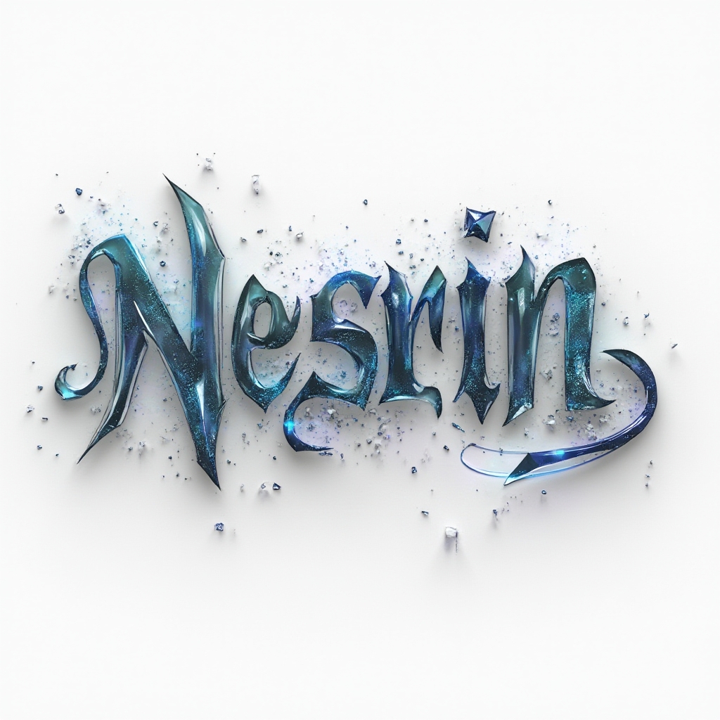 Futuristic dimensional nesrin design with smooth interlocking letters made of glowing metallic-glass ribbons on white.
