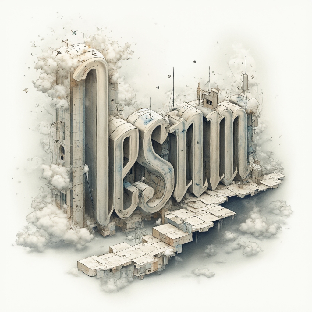 Surrealism-inspired nesrin design with impossible architectural letters melting and floating in a dreamlike space on white.