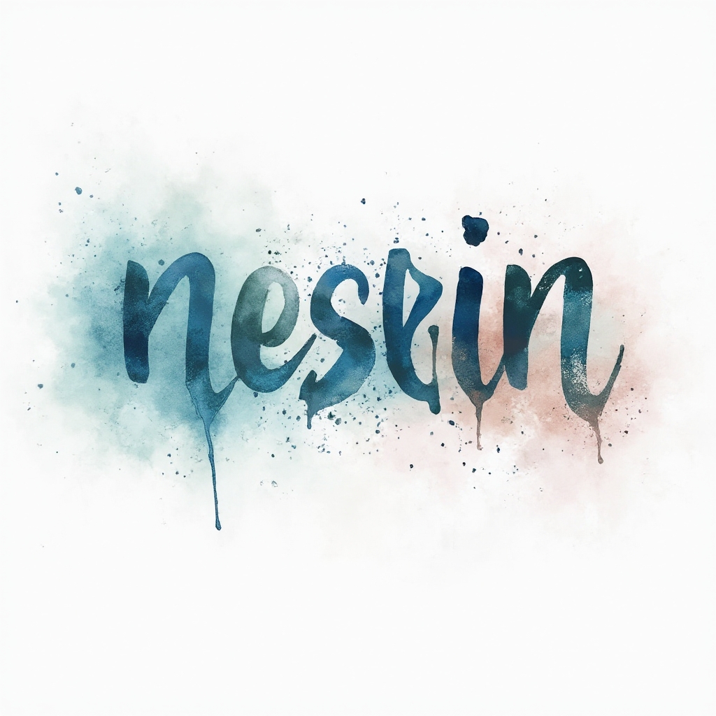 Watercolor-style abstract name design where nesrin is formed by flowing brushstroke letters dissolving into colorful paint splashes on a white background.