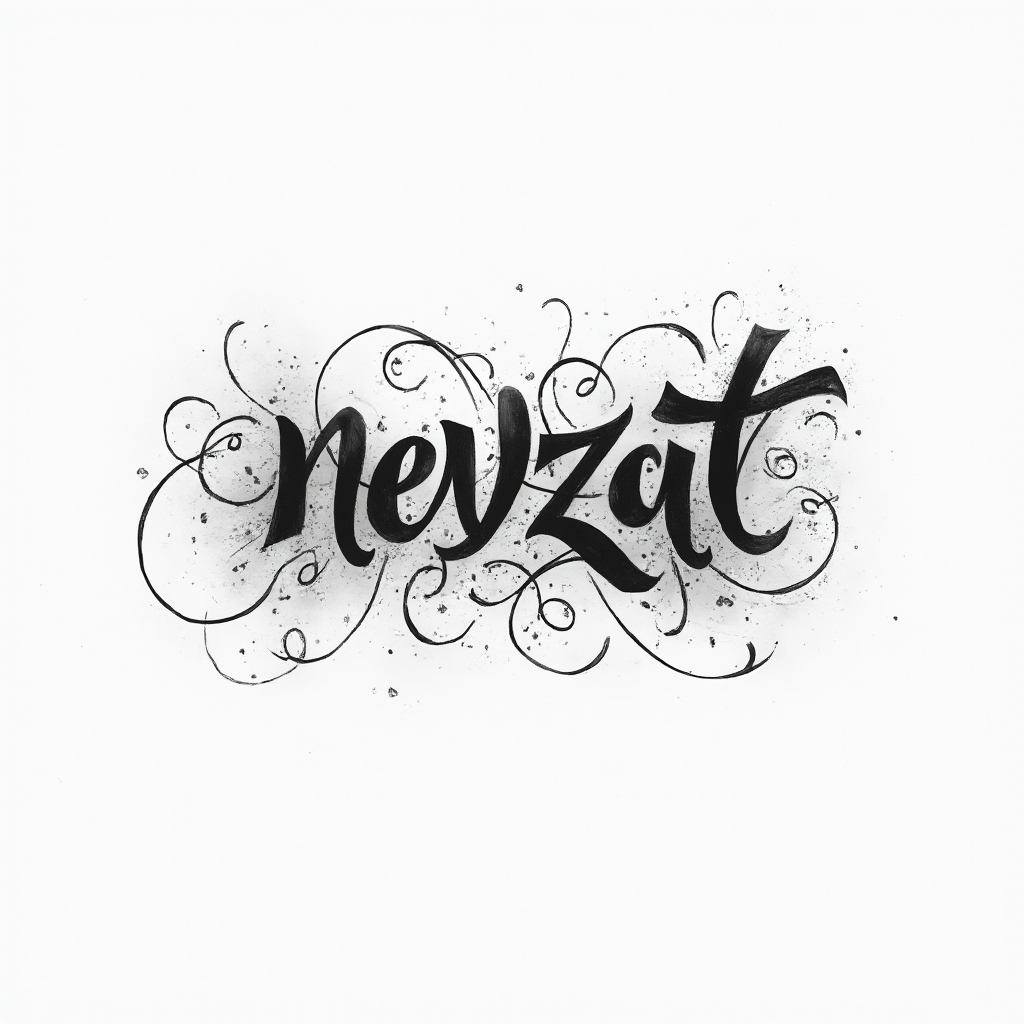 Abstract flowing tattoo design where the name nevzat is formed from interwoven lines and subtle shading on white.