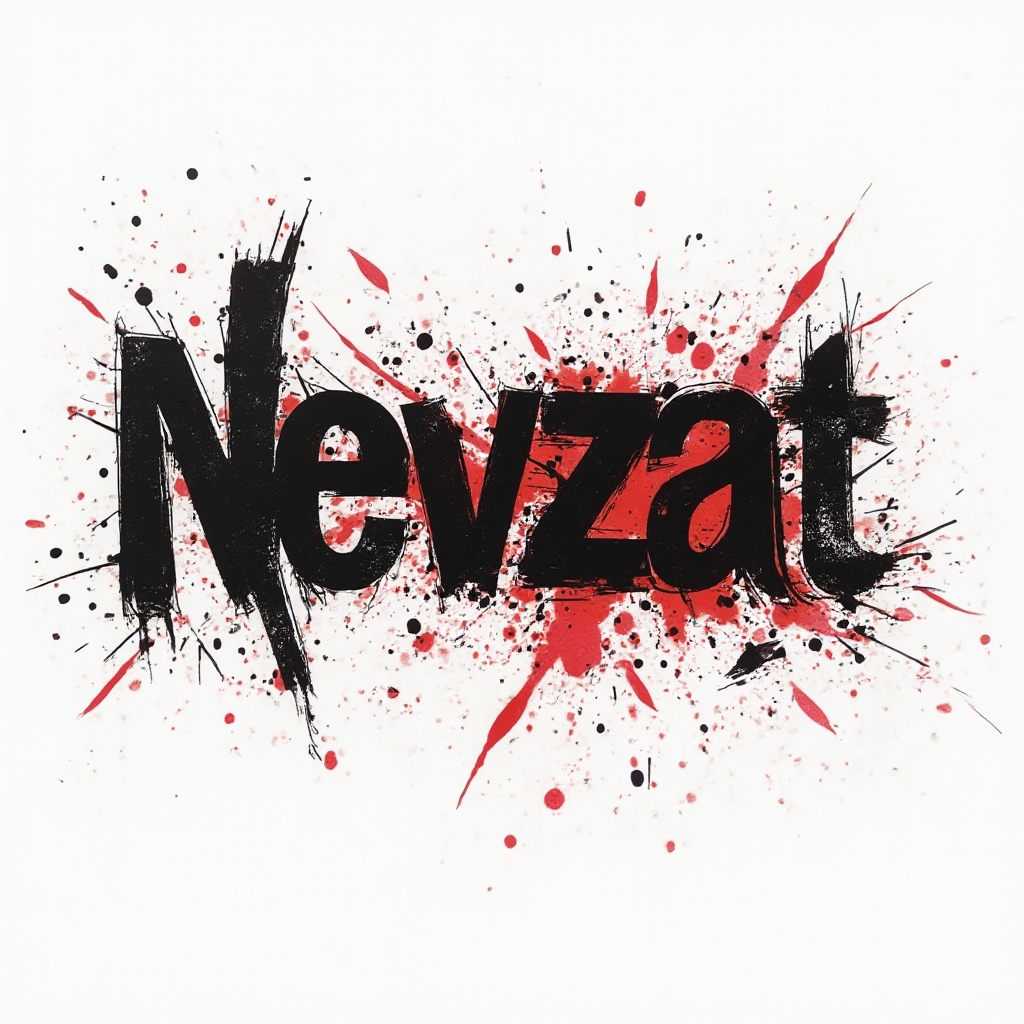 Trash Polka tattoo concept of the name nevzat made from black brush strokes and red splatters on white.
