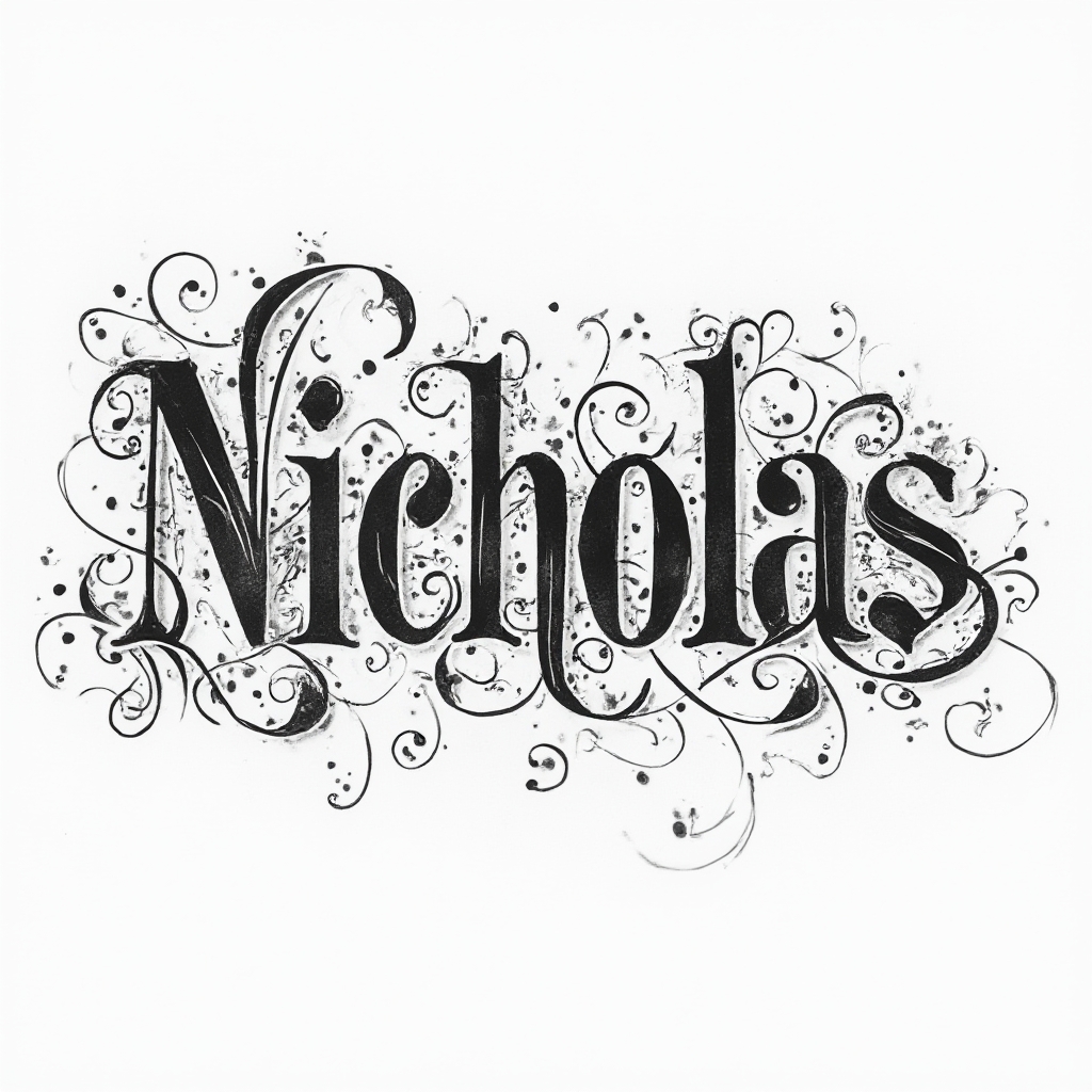 ornamental tattoo design where the name nicholas is shaped from flowing filigree and scrollwork lines on a white background.
