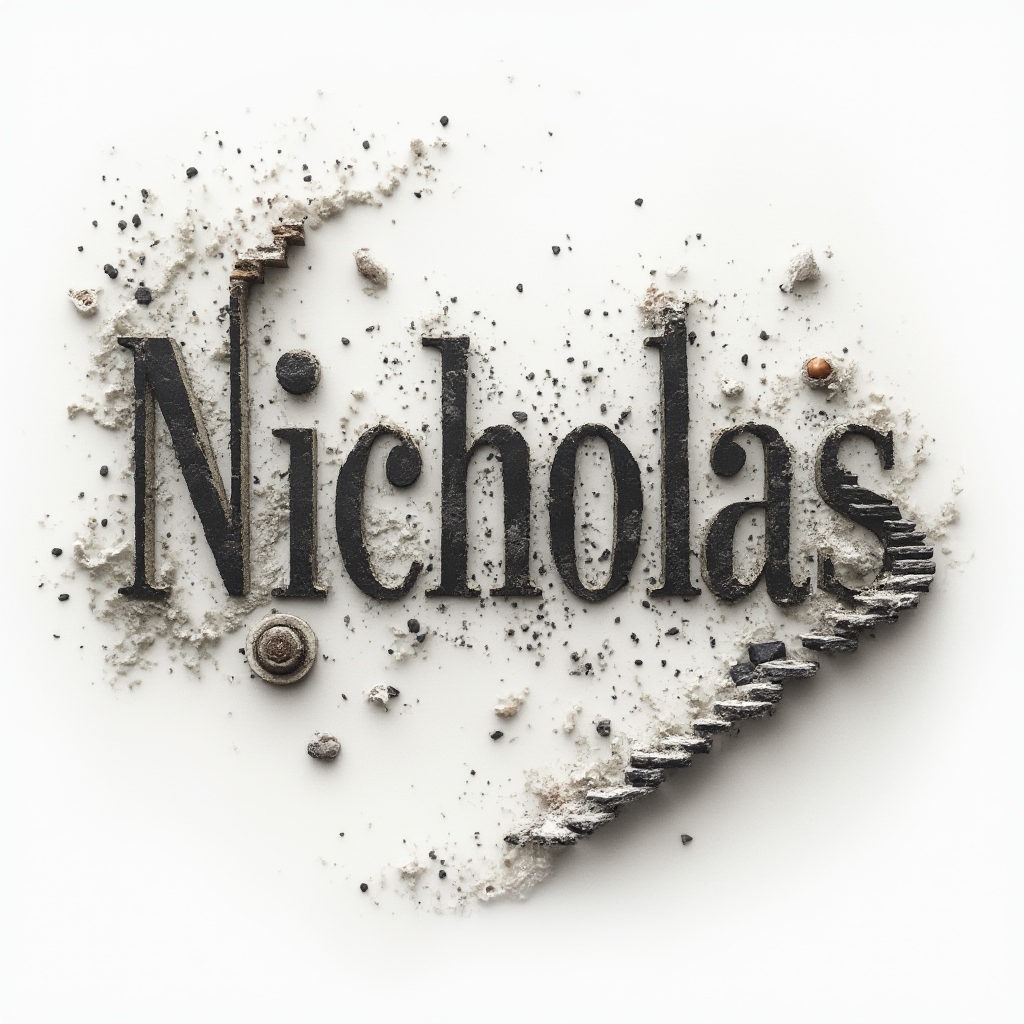 surreal tattoo design where the name nicholas is built from dreamlike objects like clouds, clocks, and stone on a white background.