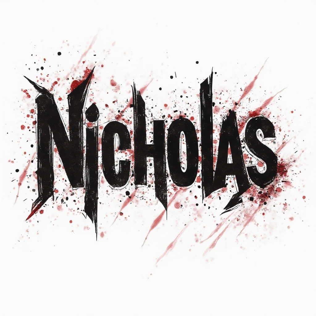 trash polka tattoo style design with the name nicholas built from black and red grunge shapes on a white background.