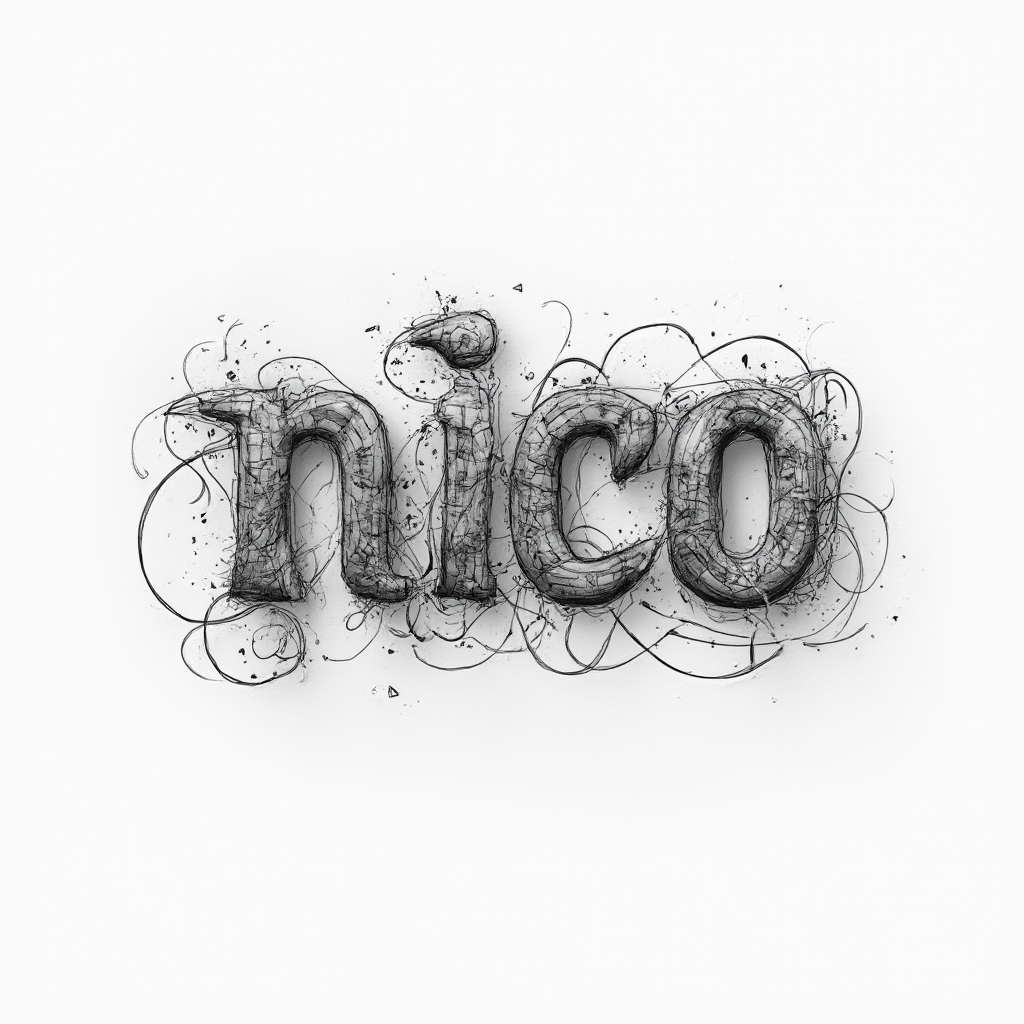 Monochrome dimensional linework tattoo concept of the name nico on a white background