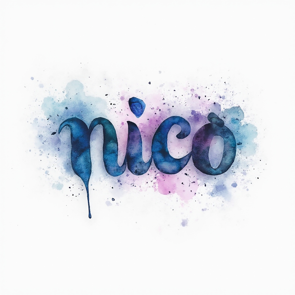 Watercolor tattoo concept of the name nico painted as colorful ink splashes on a white background