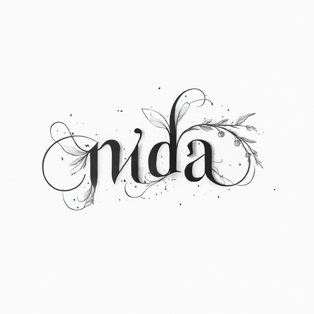 Elegant monochrome tattoo concept of the name nida in flowing ornamental script on white