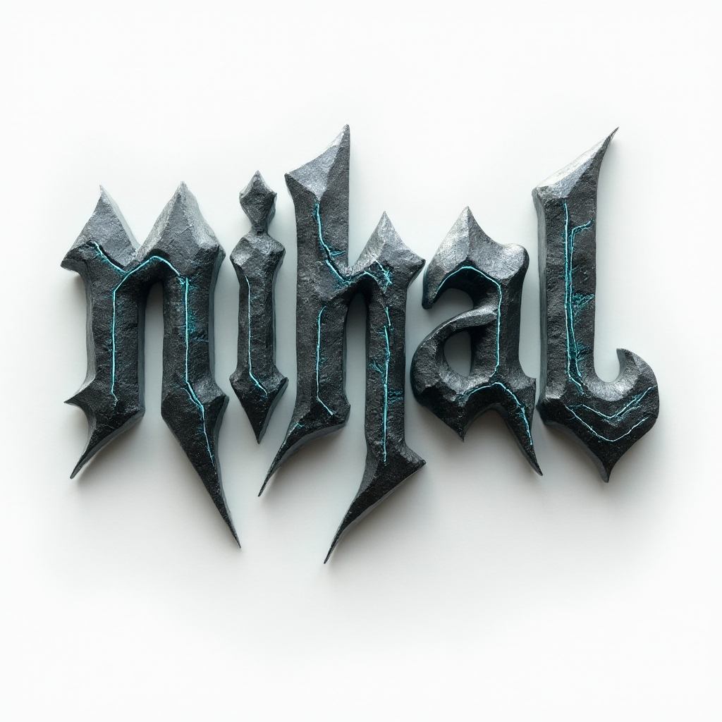 AI-Original-Style tattoo with the name nihal as interlocking 3D stone glyph letters on a white background