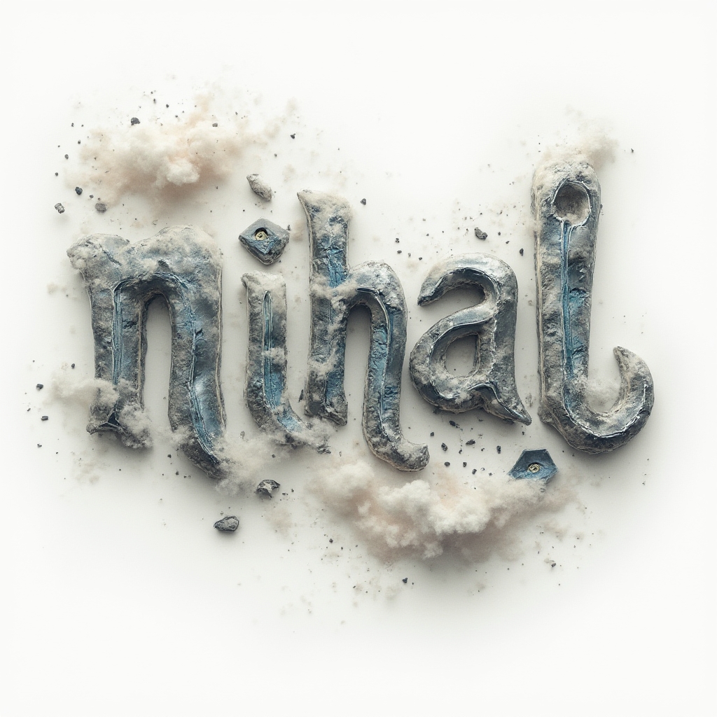 Surreal tattoo concept with the name nihal formed from melting chrome letters and floating fragments on a white background