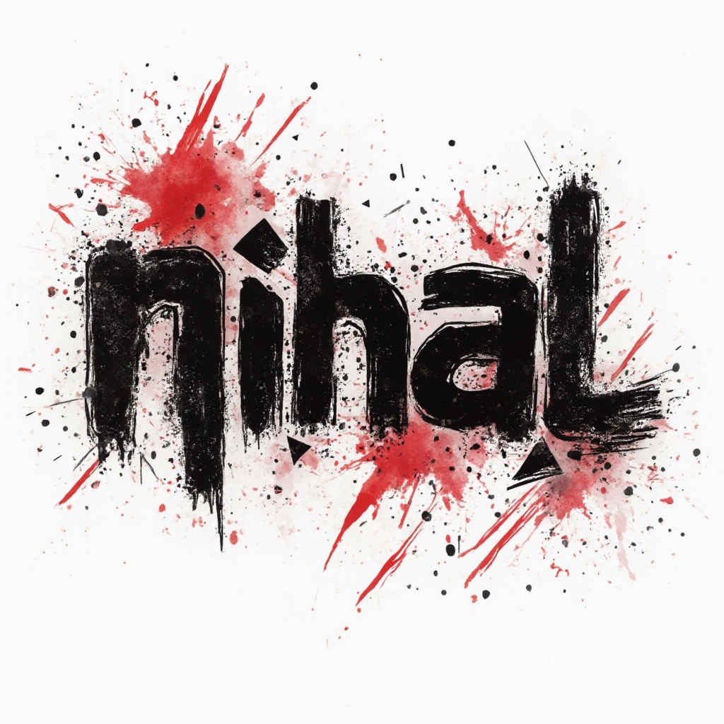 Trash Polka tattoo design with the name nihal in fractured black letters and red paint streaks on a white background