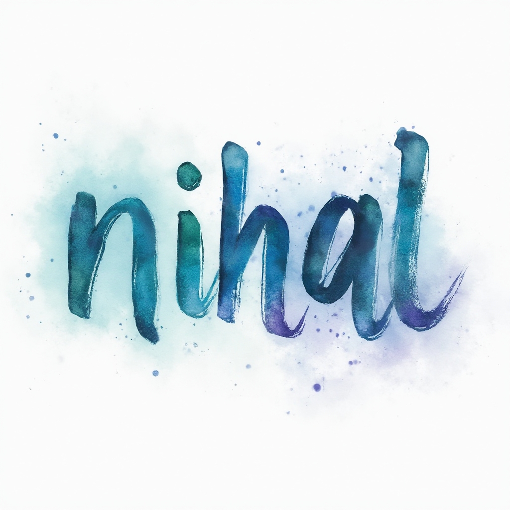 Watercolor-style tattoo concept with the name nihal formed by colorful brushstroke letters on a white background