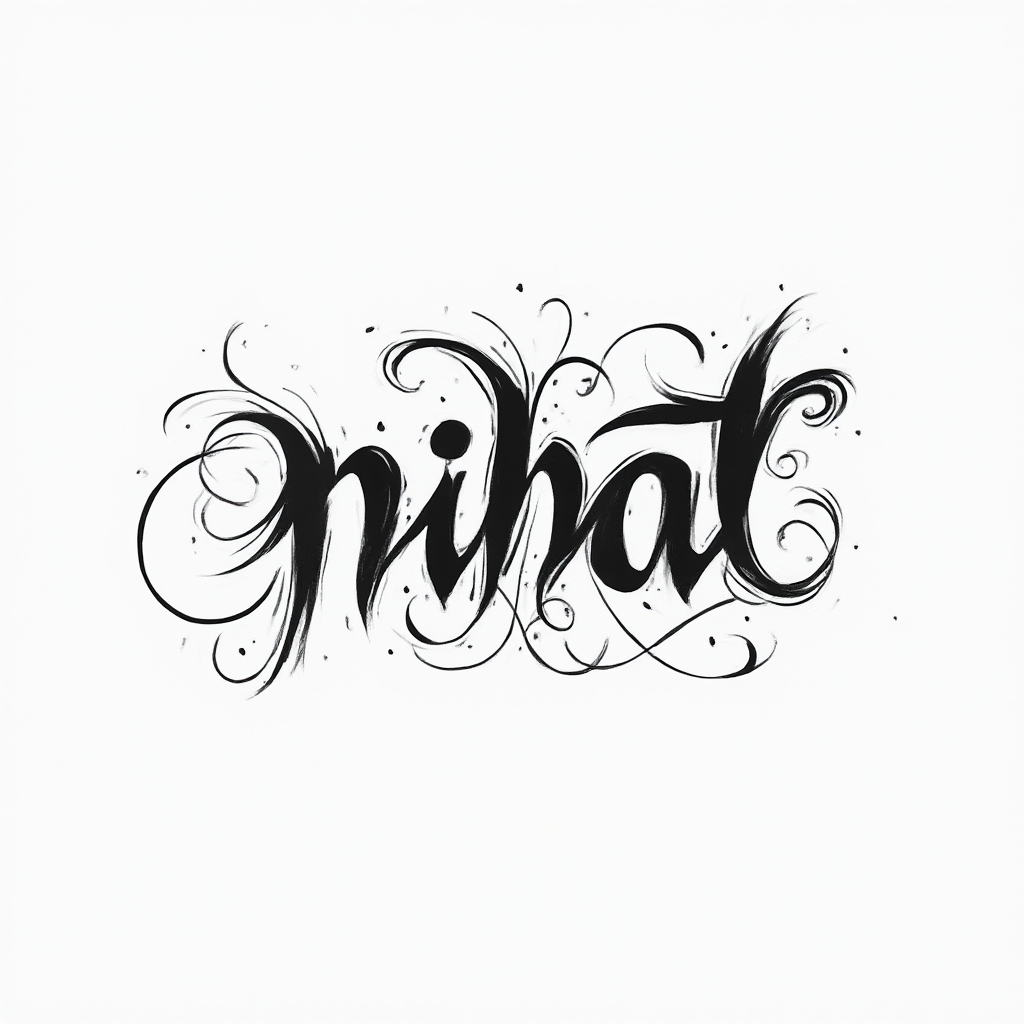 Elegant abstract black ornamental tattoo design forming the name nihat as a single flowing emblem on a white background.